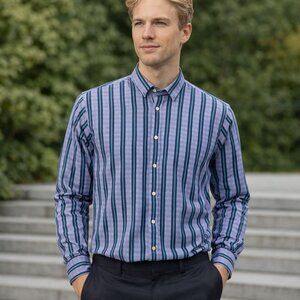 Thomas Dean Button Up Shirt Mens XXL Striped Checks Blue Long Sleeves Flip Cuffs